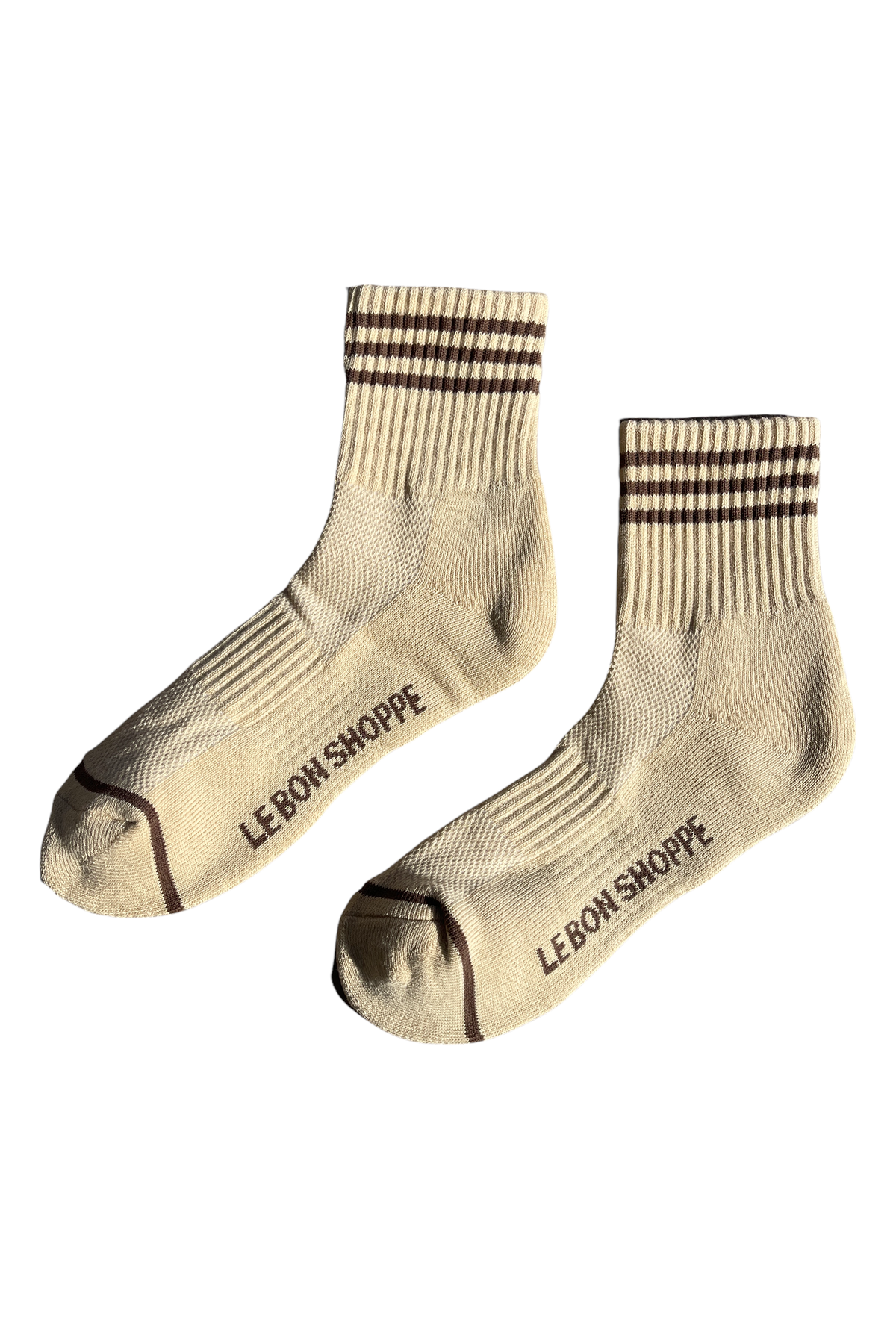 Le Bon Shoppe's best socks - the girlfriend mid-rise sock with striped in the colour daisy (sand with brown ankle stripes)