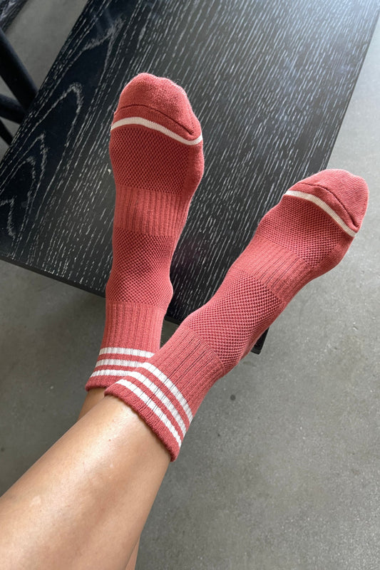 Le Bon Shoppe's best socks - the girlfriend mid-rise sock with stripes in the colour terracotta (clay with cream ankle stripes)