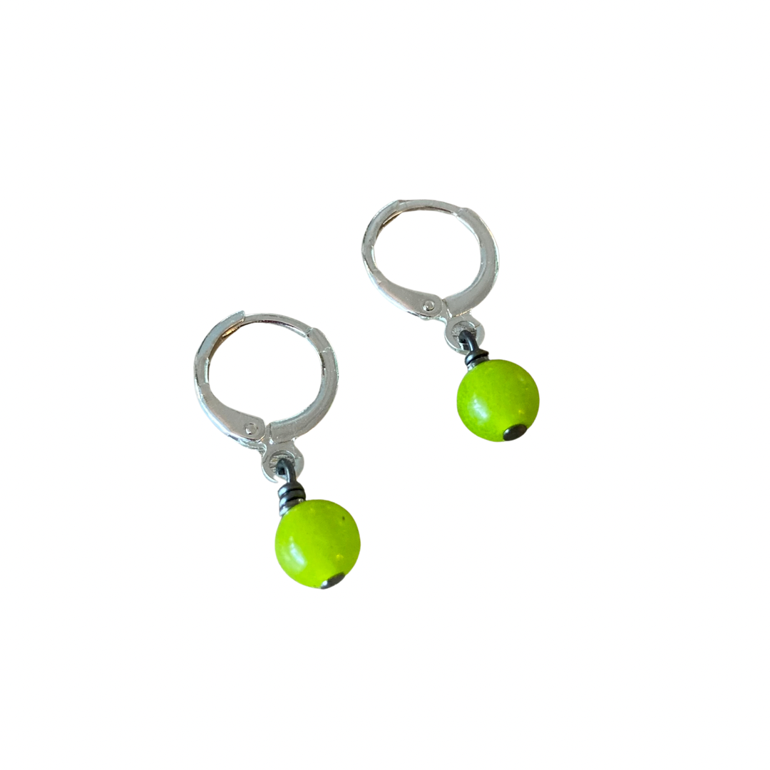 Gem Orb Huggie Earrings | Green Chalcedony + Silver Plated