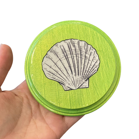 circular wood plaque with a green background and a mounted illustration of a shell